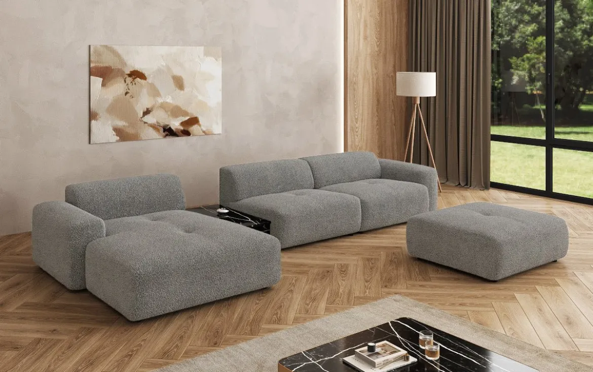 Designer Ecksofa Calm mit Beistellhocker und Beistelltisch in Bouclé