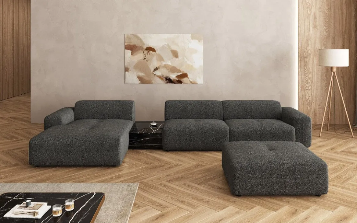 Designer Ecksofa Calm mit Beistellhocker und Beistelltisch in Bouclé