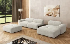 Designer Ecksofa Calm mit Beistellhocker und Beistelltisch in Bouclé