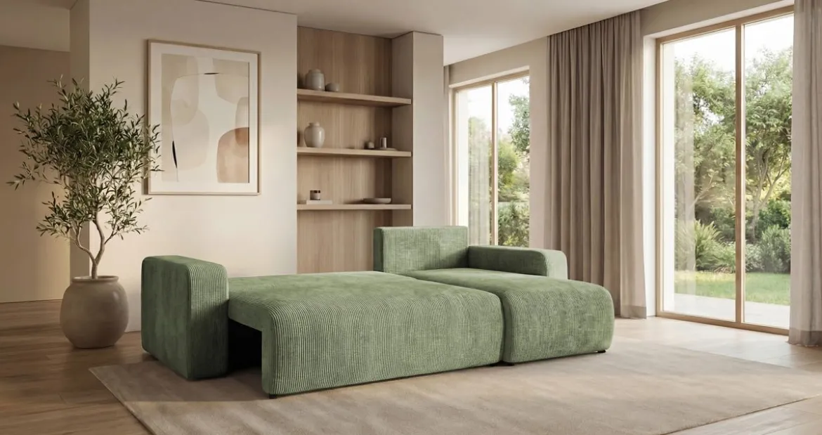 Designer Ecksofa Calva mit Schlaf- und Klappfunktion in Cord