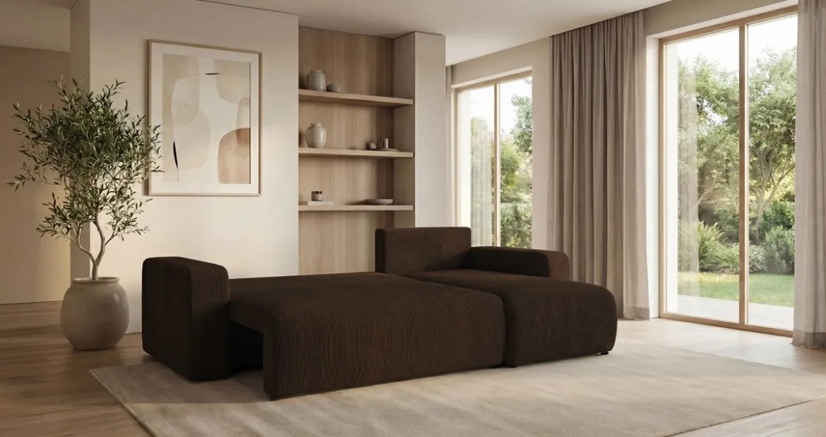 Designer Ecksofa Calva mit Schlaf- und Klappfunktion in Cord