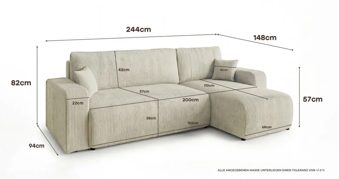 Designer Ecksofa Calva mit Schlaf- und Klappfunktion in Cord