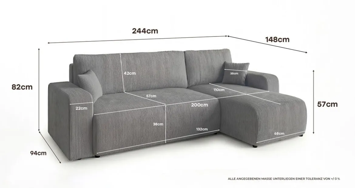 Designer Ecksofa Calva mit Schlaf- und Klappfunktion in Cord