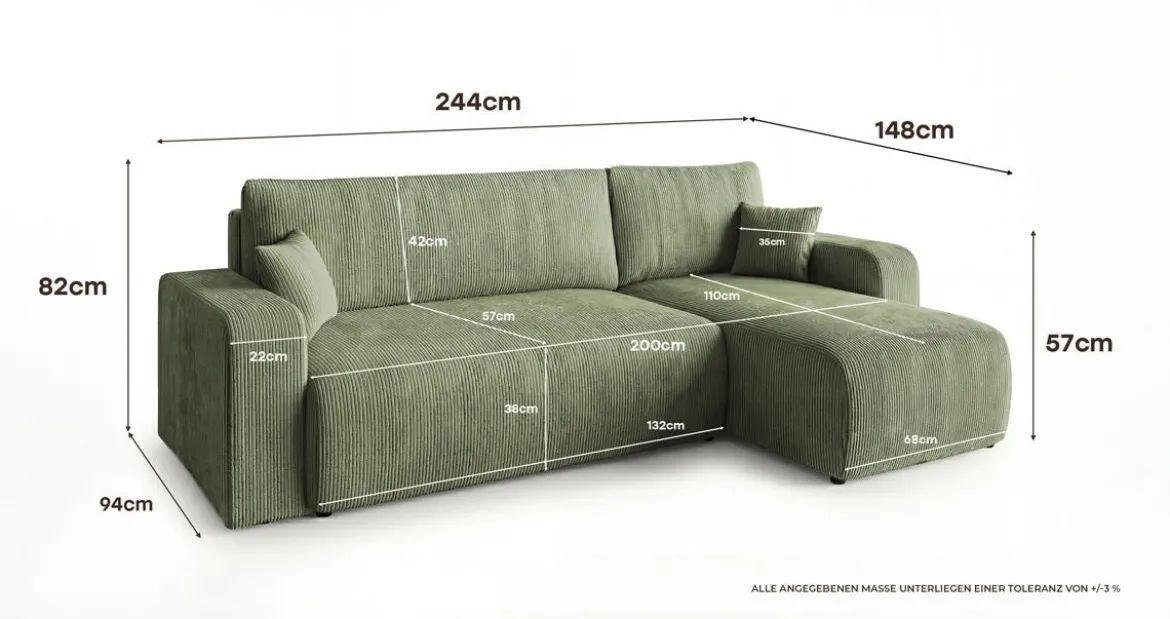 Designer Ecksofa Calva mit Schlaf- und Klappfunktion in Cord
