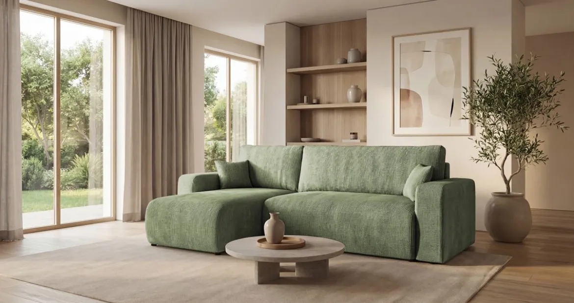 Designer Ecksofa Calva mit Schlaf- und Klappfunktion in Cord