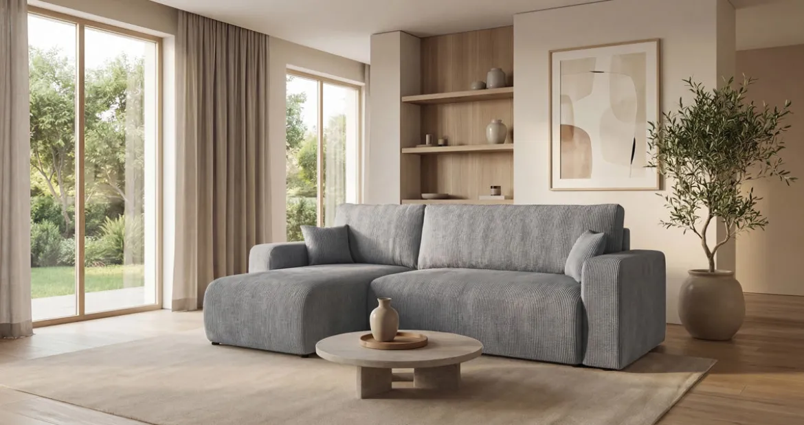 Designer Ecksofa Calva mit Schlaf- und Klappfunktion in Cord