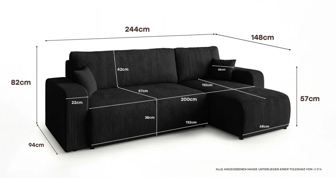 Designer Ecksofa Calva mit Schlaf- und Klappfunktion in Cord