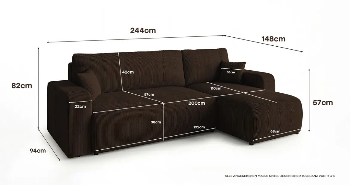Designer Ecksofa Calva mit Schlaf- und Klappfunktion in Cord