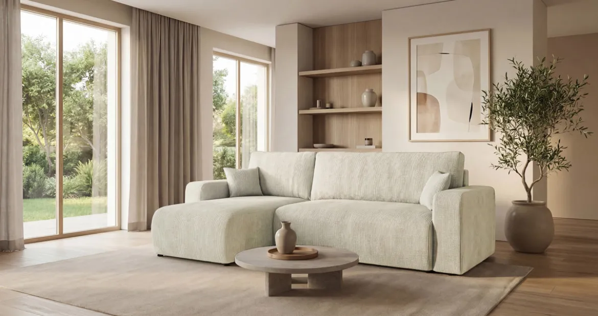 Designer Ecksofa Calva mit Schlaf- und Klappfunktion in Cord