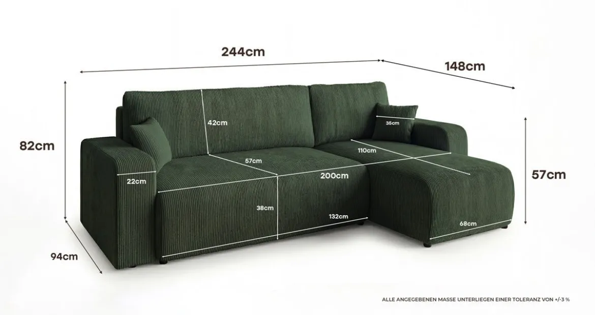 Designer Ecksofa Calva mit Schlaf- und Klappfunktion in Cord