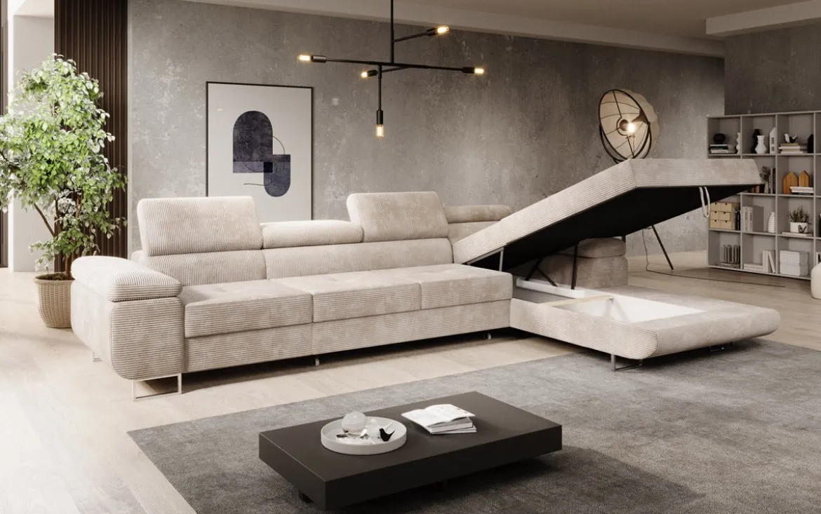 Designer Ecksofa Calvera Maxi mit Schlaf- und Klappfunktion in Cord
