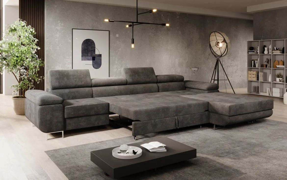 Designer Ecksofa Calvera Maxi mit Schlaf- und Klappfunktion in Cord