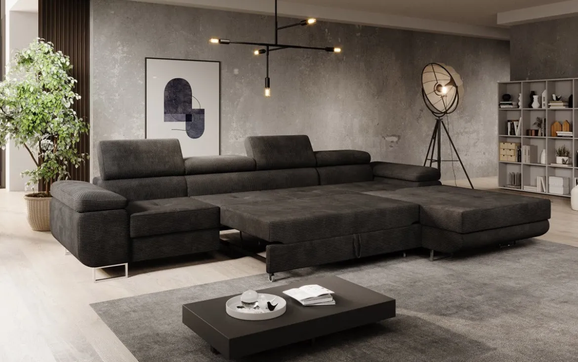 Designer Ecksofa Calvera Maxi mit Schlaf- und Klappfunktion in Cord