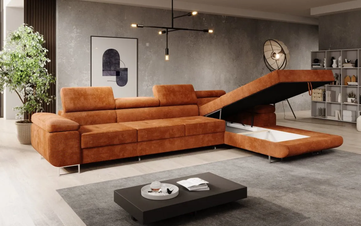 Designer Ecksofa Calvera Maxi mit Schlaf- und Klappfunktion in Cord