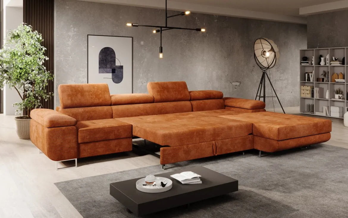 Designer Ecksofa Calvera Maxi mit Schlaf- und Klappfunktion in Cord
