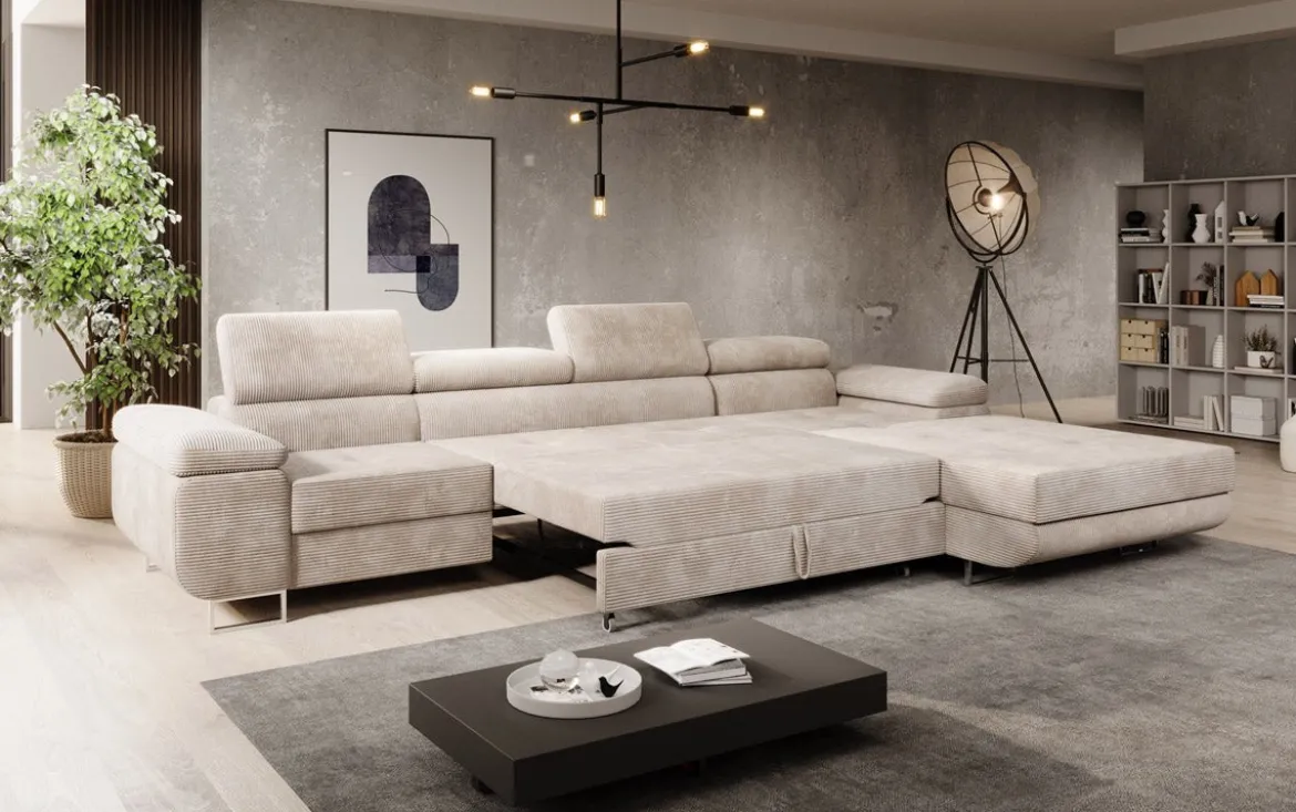 Designer Ecksofa Calvera Maxi mit Schlaf- und Klappfunktion in Cord