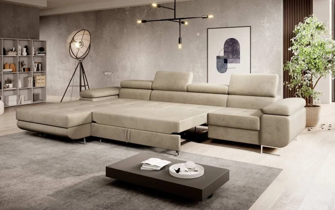 Designer Ecksofa Calvera Maxi mit Schlaf- und Klappfunktion in Samt