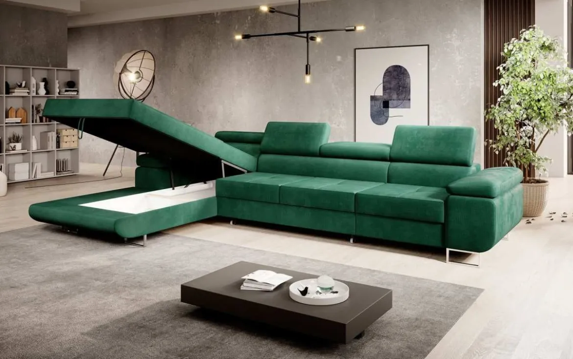 Designer Ecksofa Calvera Maxi mit Schlaf- und Klappfunktion in Samt