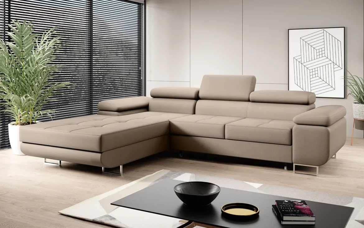 Designer Ecksofa Calvera mit Schlaf- und Klappfunktion in Kunstleder