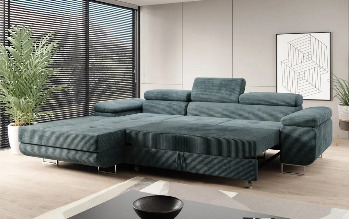 Designer Ecksofa Calvera mit Schlaf- und Klappfunktion in Cord