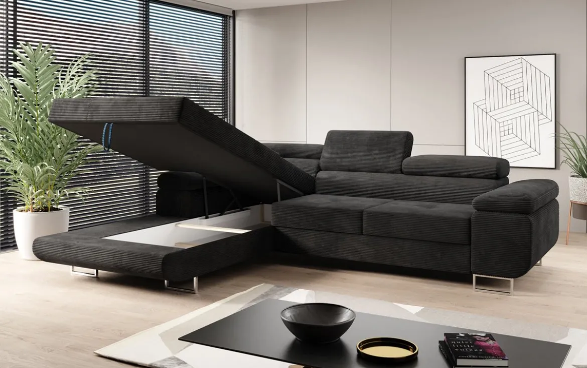 Designer Ecksofa Calvera mit Schlaf- und Klappfunktion in Cord