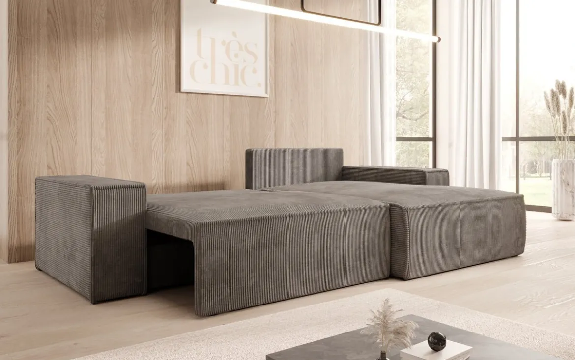 Designer Ecksofa Corino in Cord mit Schlaf- und Klappfunktion