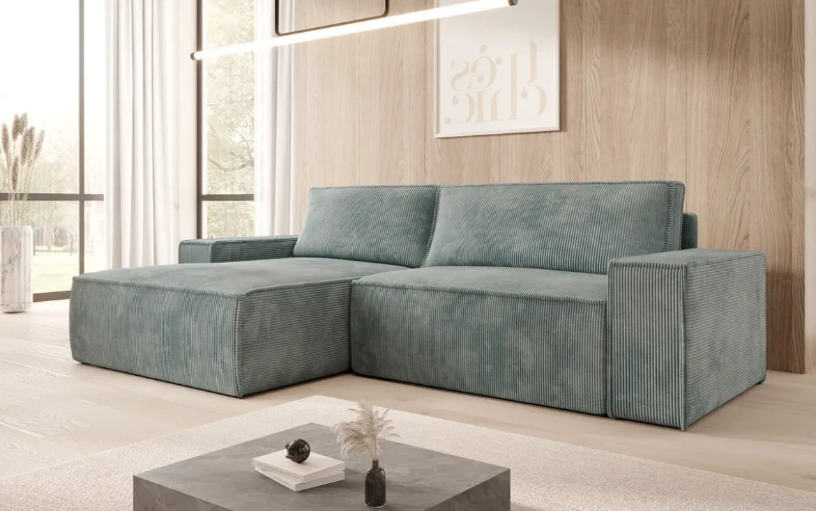 Designer Ecksofa Corino in Cord mit Schlaf- und Klappfunktion