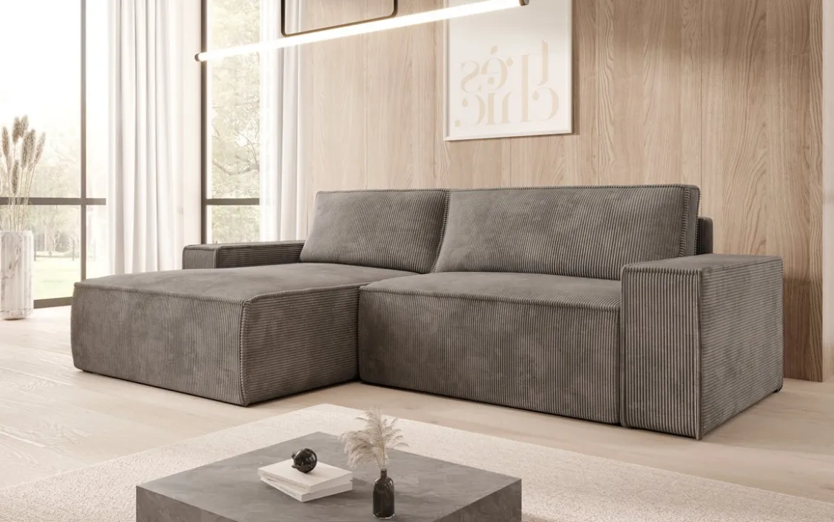 Designer Ecksofa Corino in Cord mit Schlaf- und Klappfunktion