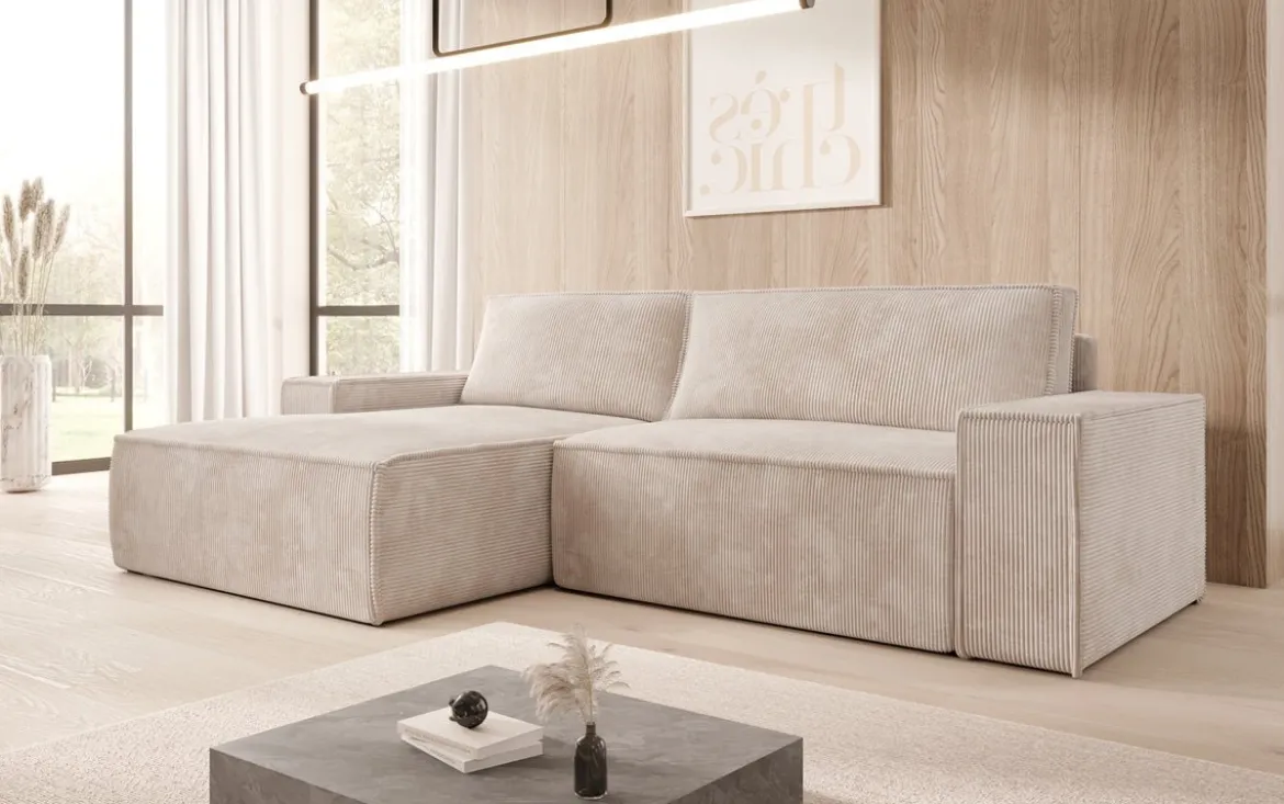 Designer Ecksofa Corino in Cord mit Schlaf- und Klappfunktion