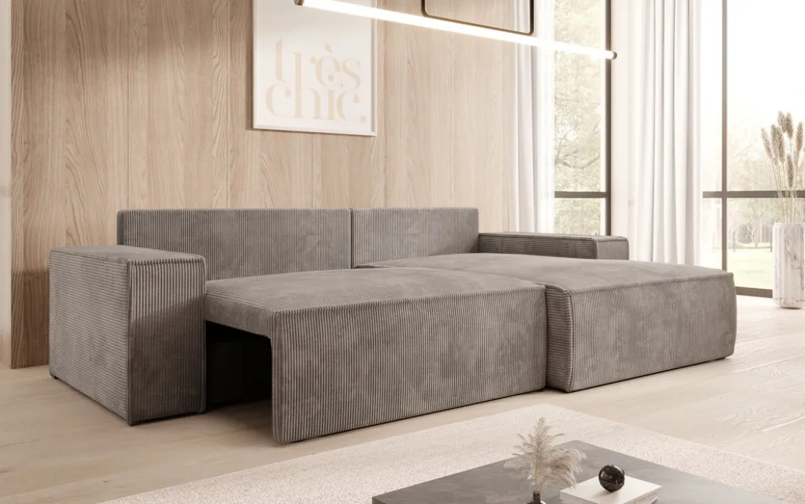 Designer Ecksofa Corino in Cord mit Schlaf- und Klappfunktion