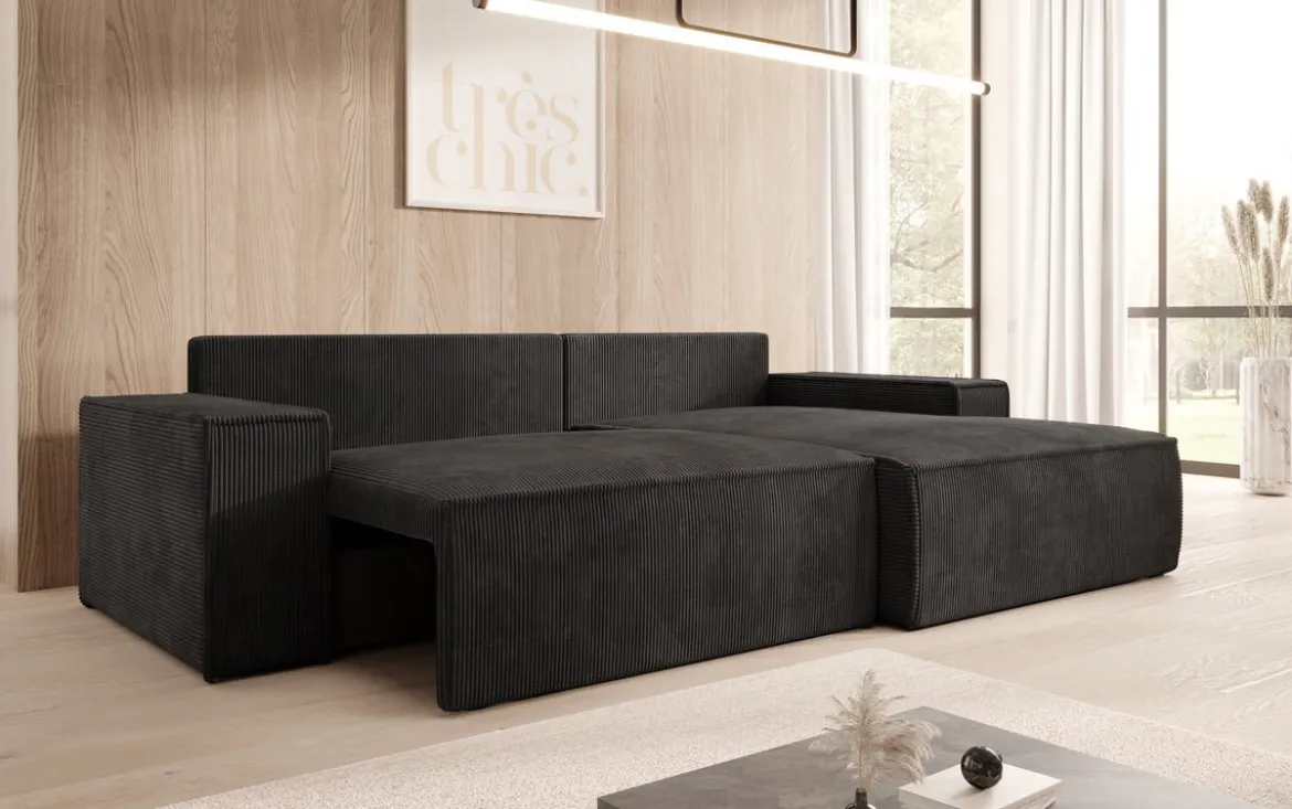 Designer Ecksofa Corino in Cord mit Schlaf- und Klappfunktion