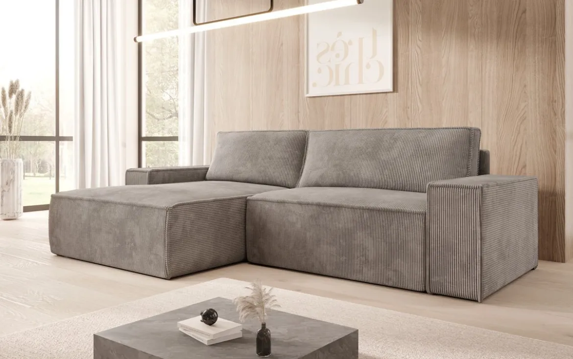 Designer Ecksofa Corino in Cord mit Schlaf- und Klappfunktion