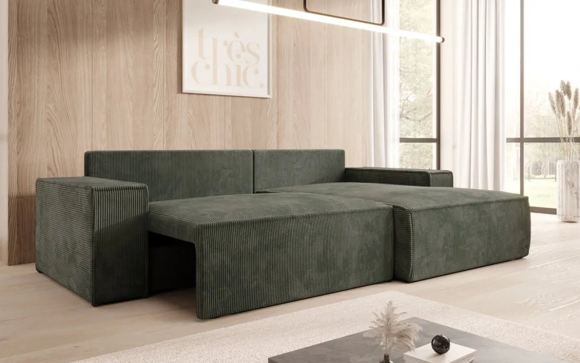 Designer Ecksofa Corino in Cord mit Schlaf- und Klappfunktion