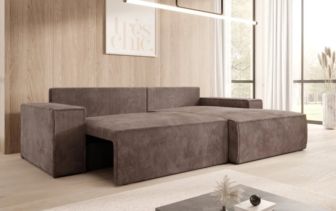 Designer Ecksofa Corino in Cord mit Schlaf- und Klappfunktion