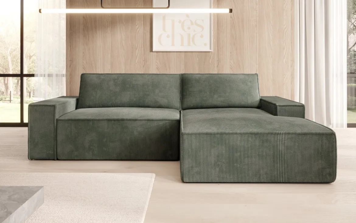 Designer Ecksofa Corino in Cord mit Schlaf- und Klappfunktion