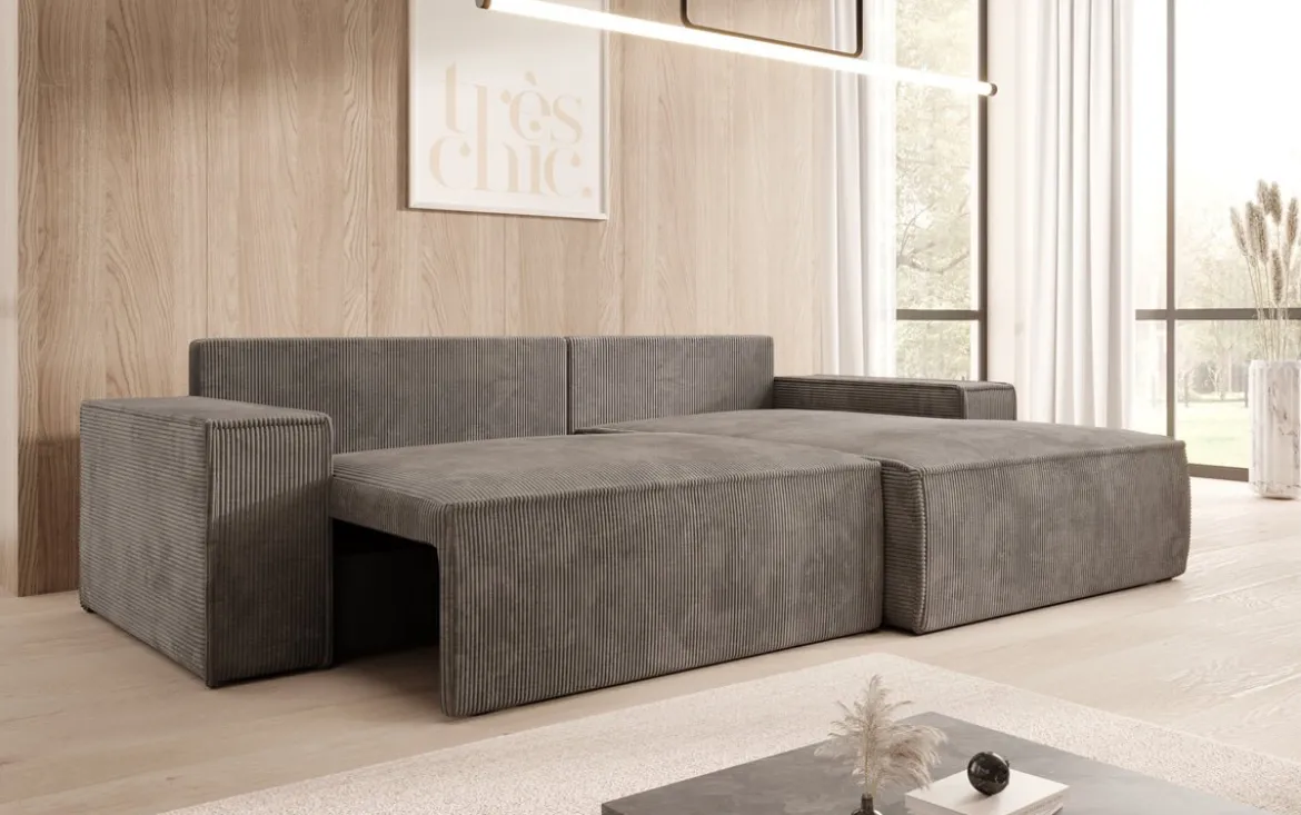 Designer Ecksofa Corino in Cord mit Schlaf- und Klappfunktion