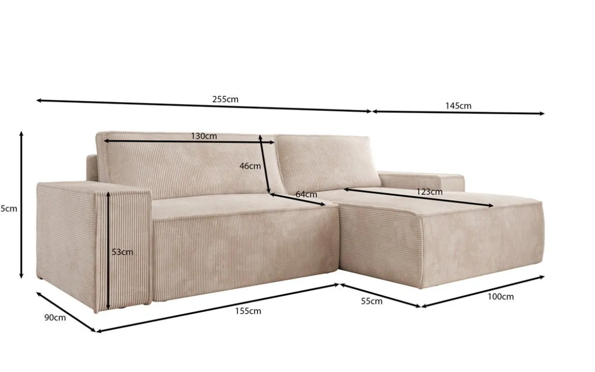 Designer Ecksofa Corino in Cord mit Schlaf- und Klappfunktion