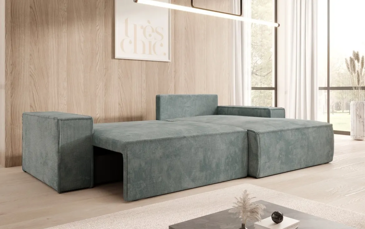 Designer Ecksofa Corino in Cord mit Schlaf- und Klappfunktion