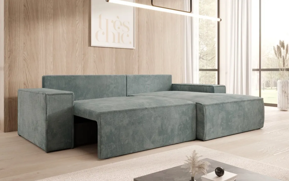 Designer Ecksofa Corino in Cord mit Schlaf- und Klappfunktion