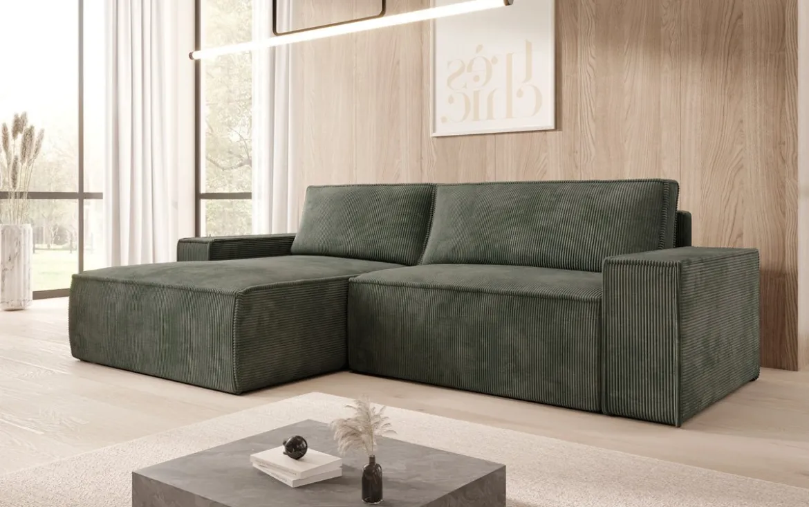 Designer Ecksofa Corino in Cord mit Schlaf- und Klappfunktion