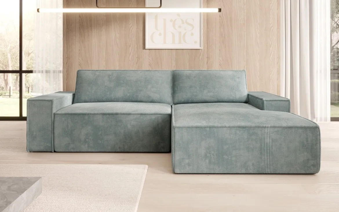 Designer Ecksofa Corino in Cord mit Schlaf- und Klappfunktion