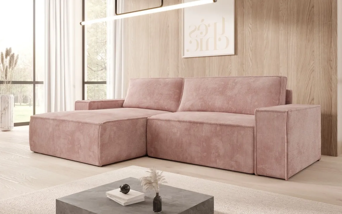 Designer Ecksofa Corino in Cord mit Schlaf- und Klappfunktion