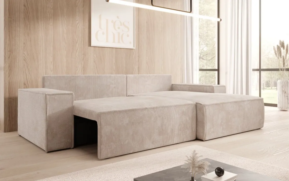Designer Ecksofa Corino in Cord mit Schlaf- und Klappfunktion