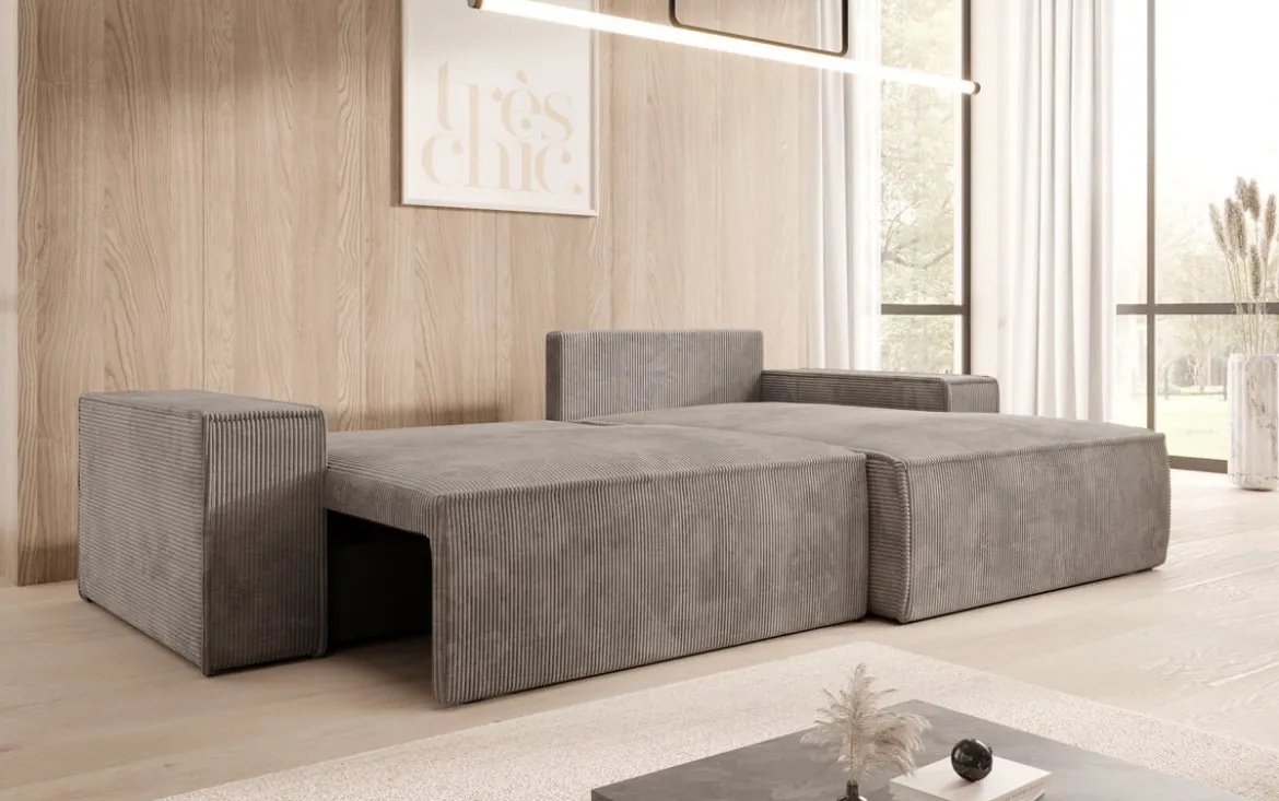 Designer Ecksofa Corino in Cord mit Schlaf- und Klappfunktion