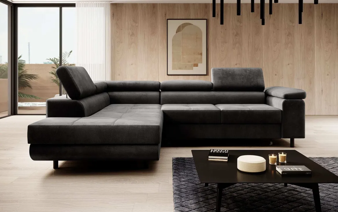 Designer Ecksofa Costa mit Schlaf- und Klappfunktion aus Samt