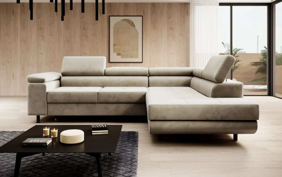 Designer Ecksofa Costa mit Schlaf- und Klappfunktion aus Samt