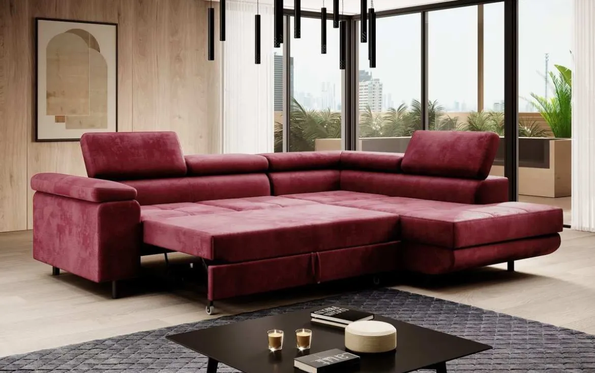Designer Ecksofa Costa mit Schlaf- und Klappfunktion aus Samt