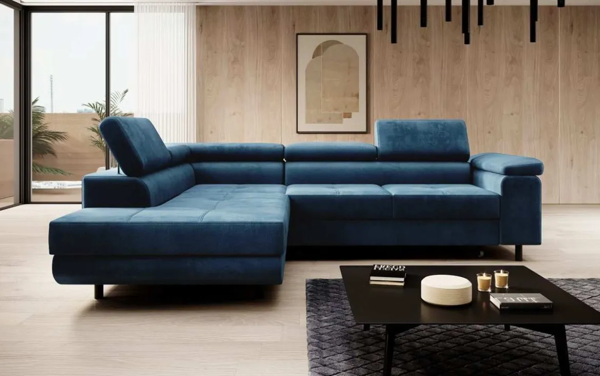 Designer Ecksofa Costa mit Schlaf- und Klappfunktion aus Samt