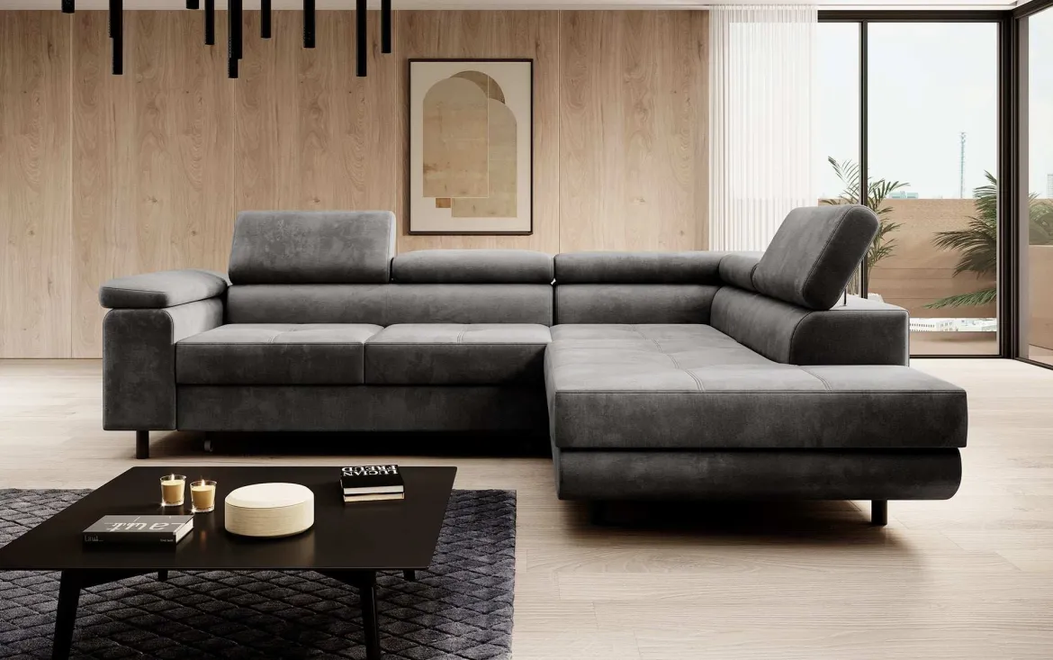 Designer Ecksofa Costa mit Schlaf- und Klappfunktion aus Samt