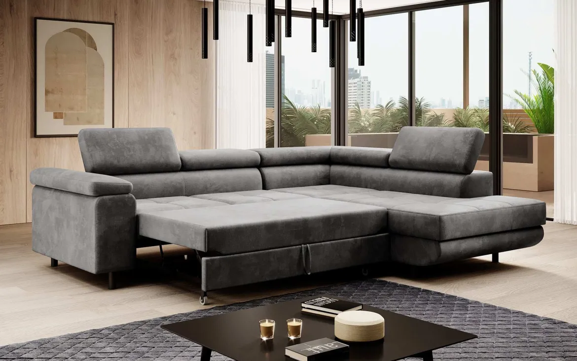 Designer Ecksofa Costa mit Schlaf- und Klappfunktion aus Samt